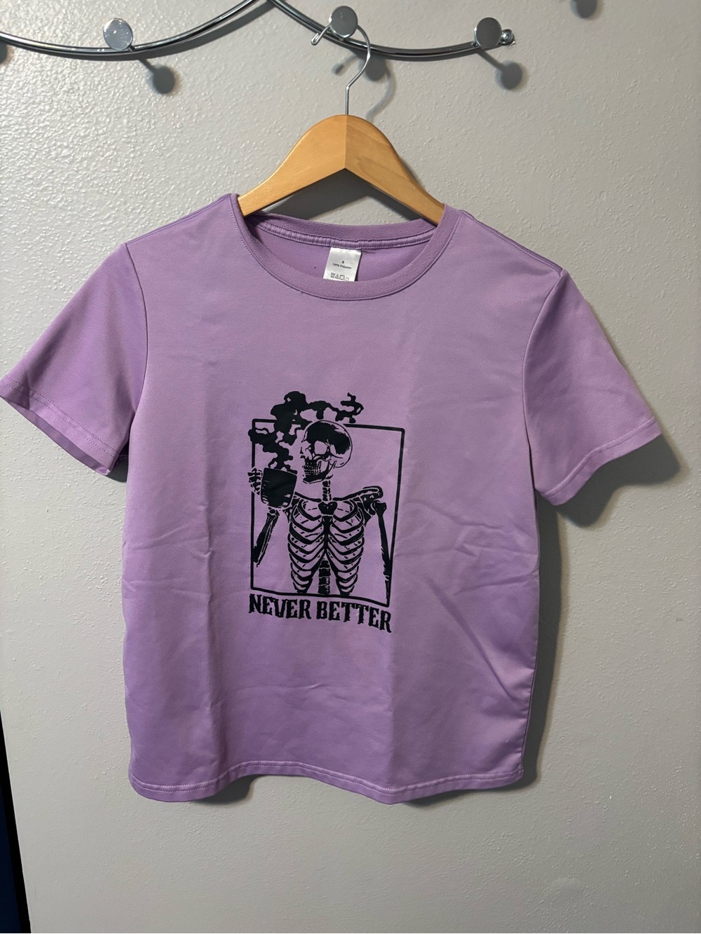 Lavender Graphic Tee - "Never Better" Skeleton Print